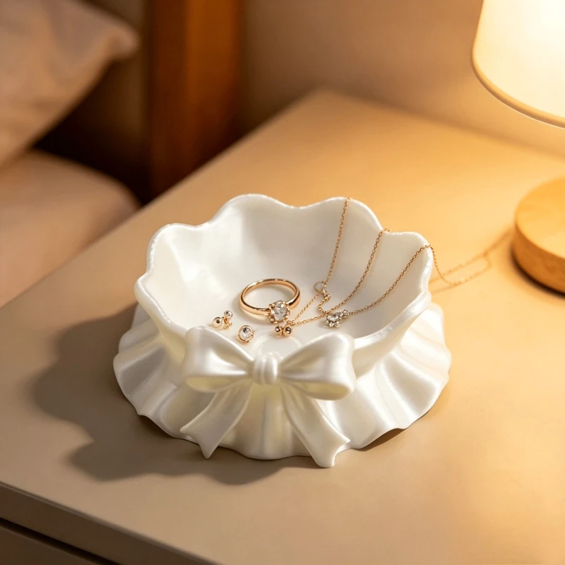 Cute Ruffled Bow Jewelry Tray Resin Fluted Edge Ring Earring Necklace Storage Dish Decorative Catchall Tray for Vanity Dresser