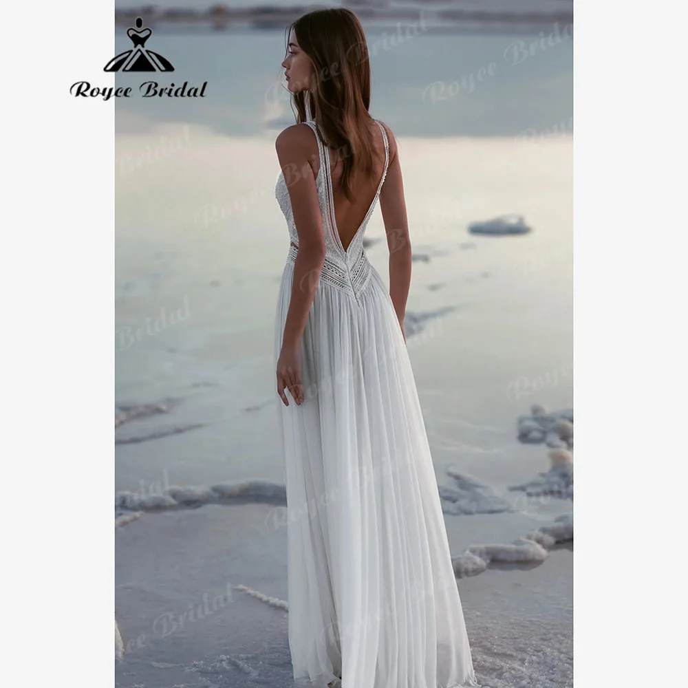 Vestido de novia bohemio de gasa con encaje lateral dividido, traje de novia bohemio con cuello en V, Espalda descubierta, hecho a medida, romántico, 2024