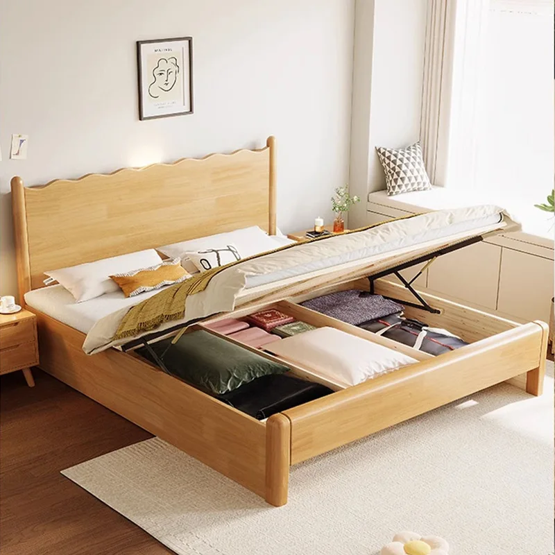 Rubber wood 1.8 meters solid wood double bed bedside with night light Nordic home master bedroom queen bed air pressure high box