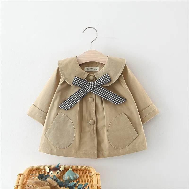 

Baby Girls' Jacket New Spring and Autumn Long Sleeve Top Baby Windbreaker Khaki Bow Coat Baby Kids' Jacket 0-4 Years Old