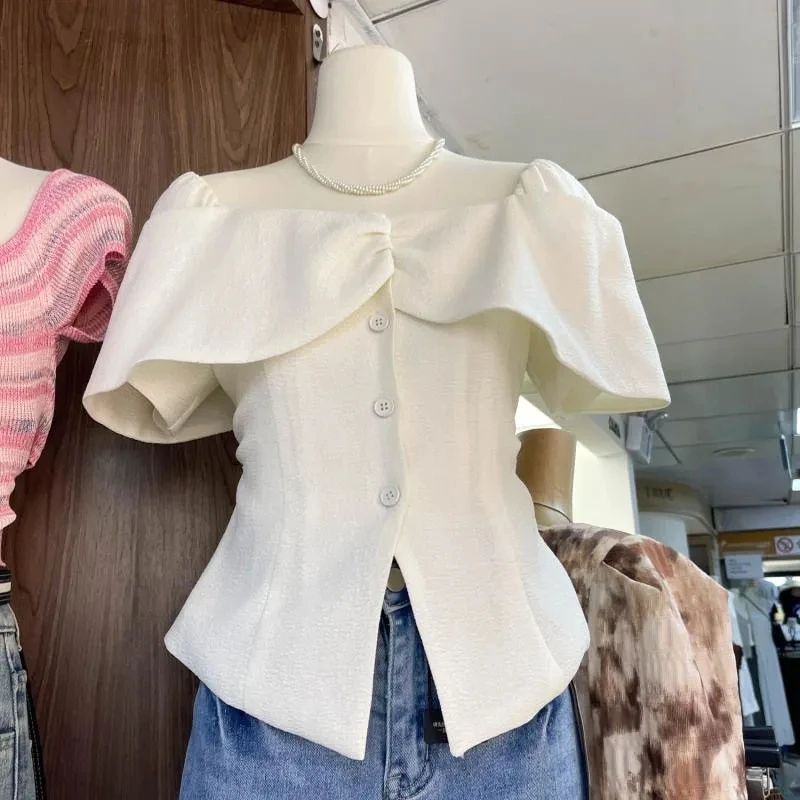 

Slimming Effect Summer New Women's Korean Style Shirt with Ruffle Shoulder One-Shoulder Turn-down Collar Waist-cinching Butto...
