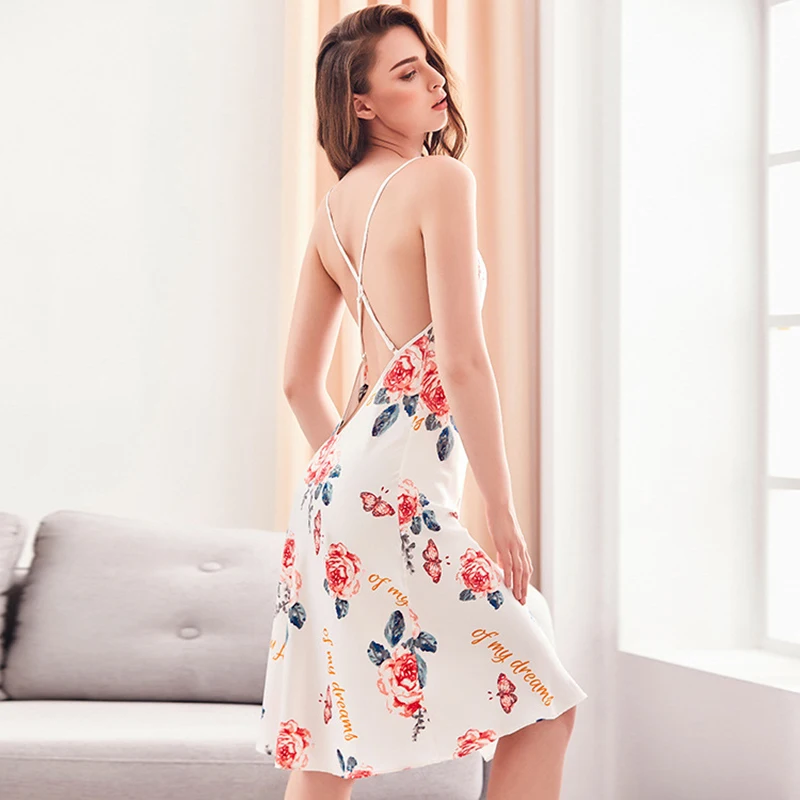 Women's Ultra-thin Satin Nightgown casual breathable Slip Dress Sleepdress Sexy Flower Backless Sleepwear Silk-like Nightwear