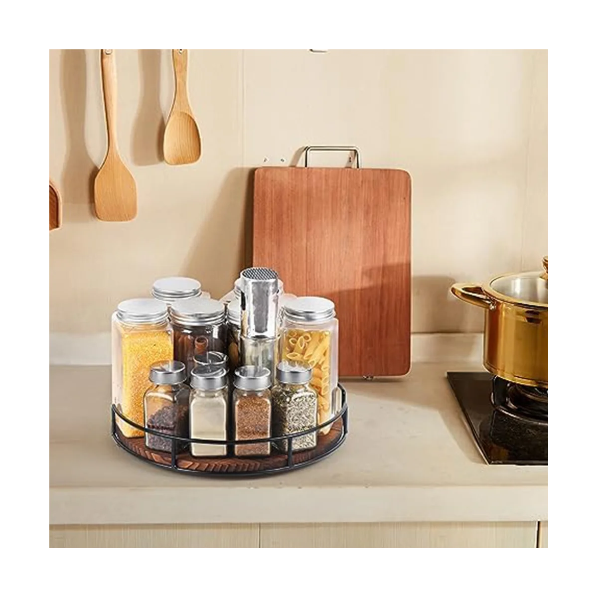 กล่องเก็บจานหมุนไม้กันลื่นสำหรับตู้, ตู้กับข้าว, เคาน์เตอร์ครัว, ตู้เย็น, ชั้นวางเครื่องปรุง, สีดำคาร์บอน