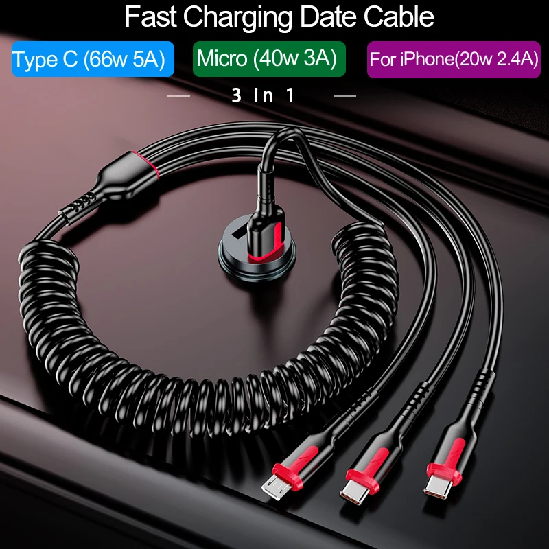 66W Fast Charging 5A USB Type C Cable For Xiaomi Samsung Huawei Honor Phone Accessories For iPhone Micro Spring Car Charge Cable
