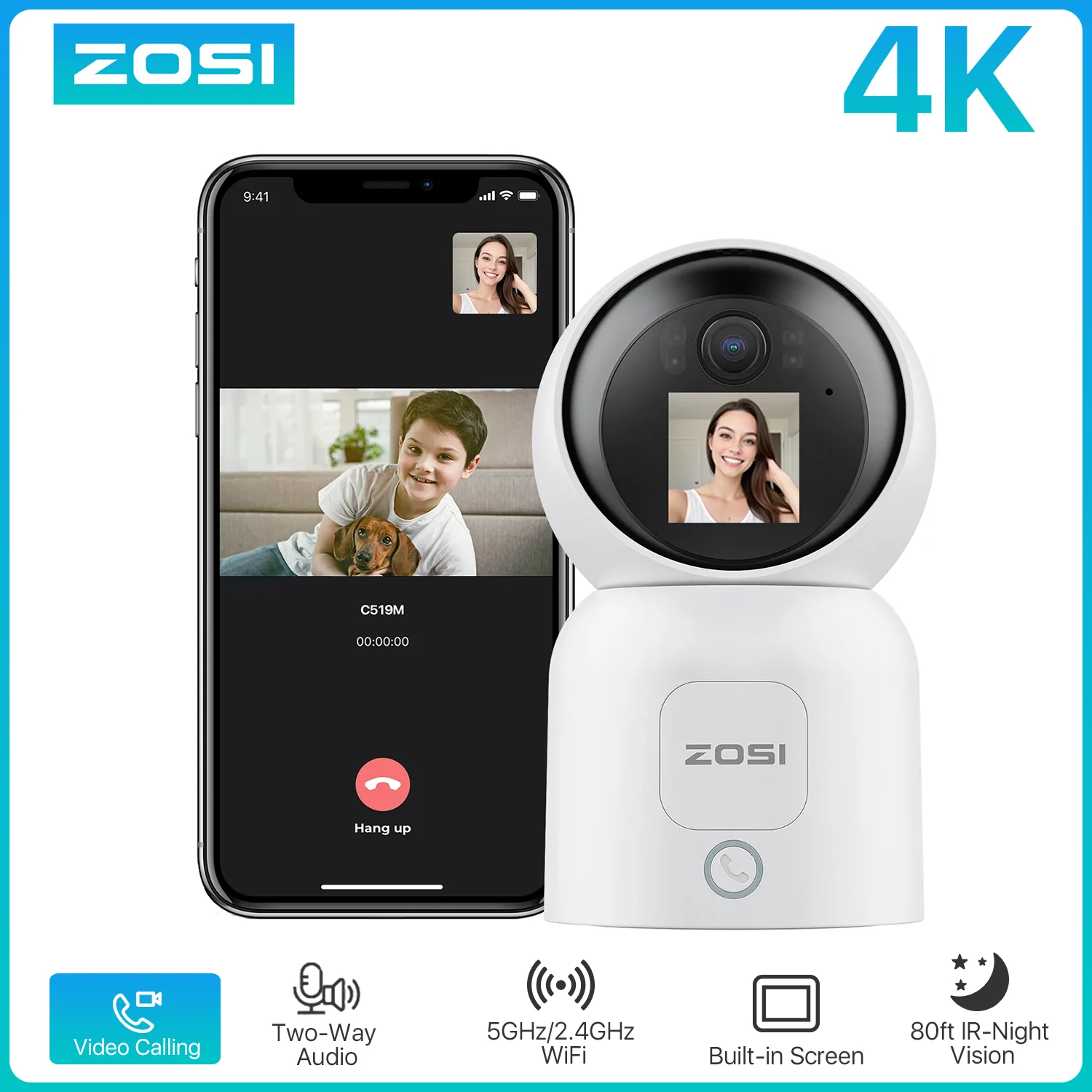 ZOSI C519M 4K/5MP/4MP caméra de sécurité intérieure 2.4/5GHz WiFi caméra de Surveillance vidéo bidirectionnelle bébé/animal de compagnie moniteur 360 °   Voir la came à la maison