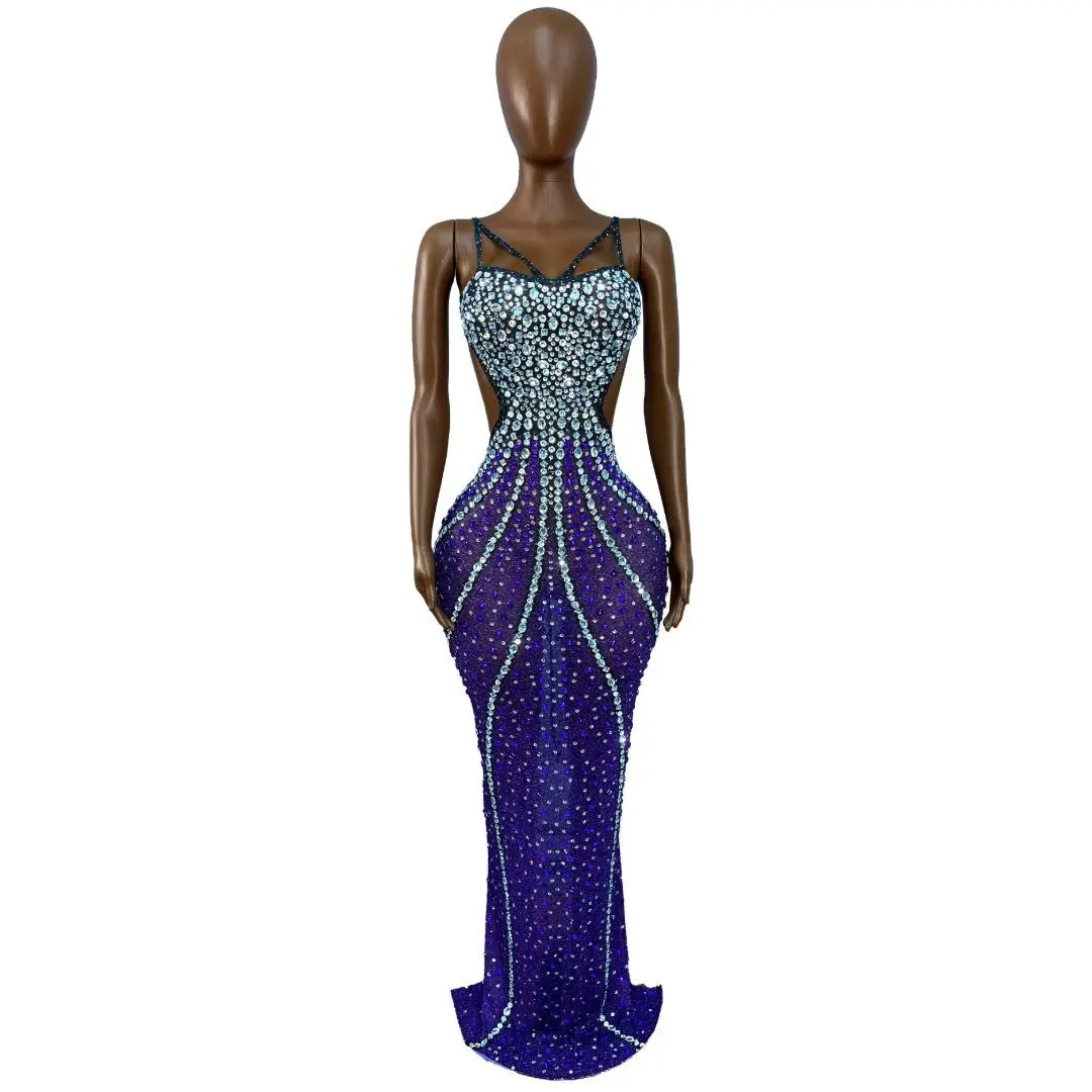 Heiyupian Blue to Purple Ombre Rhinestone Embellished Spaghetti Strap Mesh Mermaid Gown for Evening Party and Formal Events