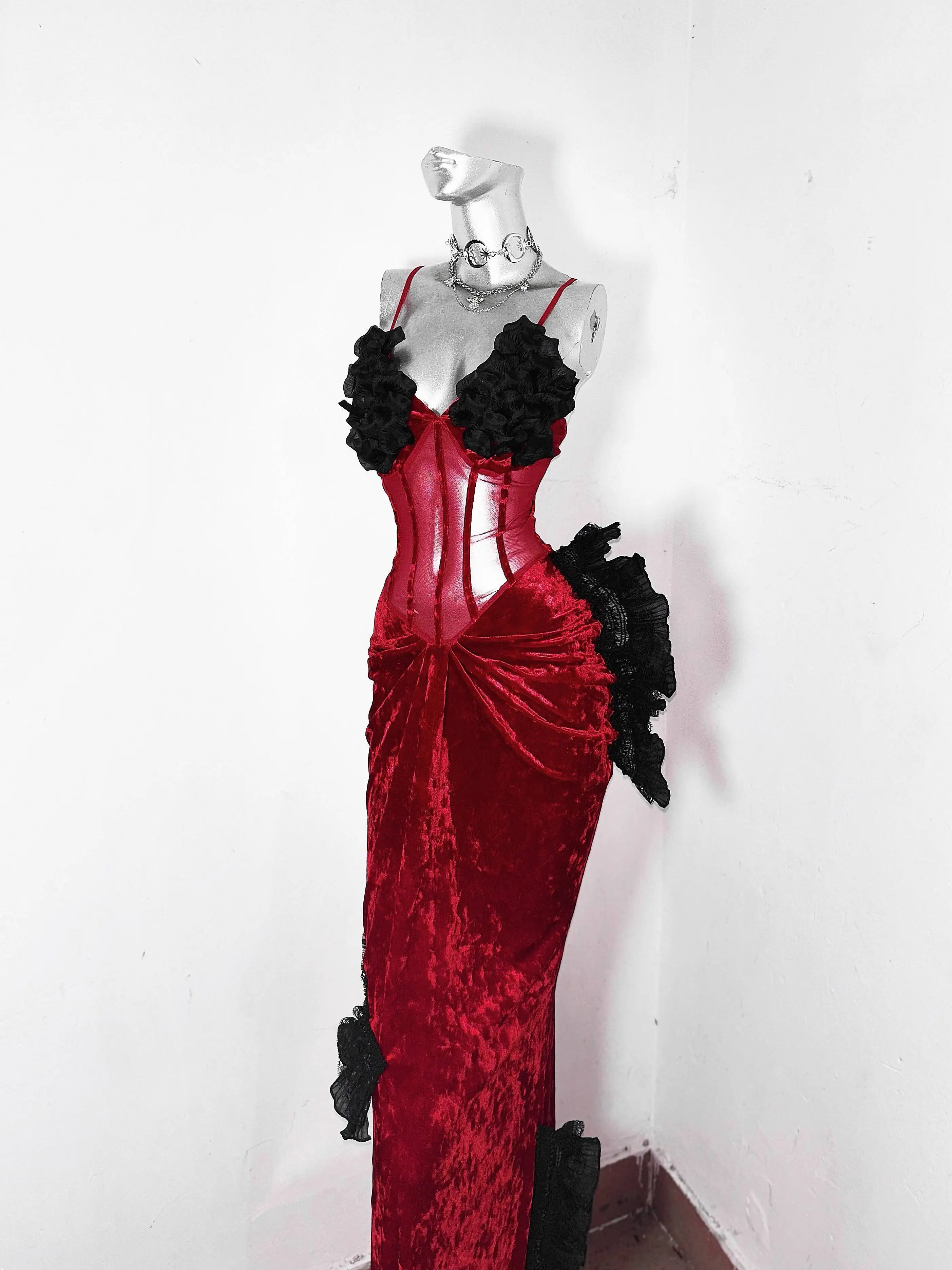 

Mermaid Diva*TDH Dark Style Red And Black Gothic Velvet Sexy Mermaid Bodycon Dress Long Gown