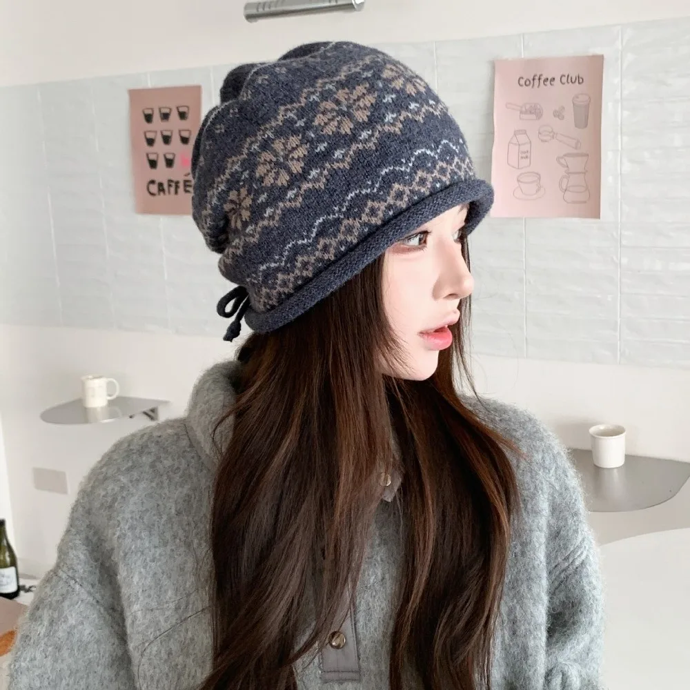 Fair Isle Pattern Knit Beanie Drawstring Roll Brim Thick Knit Slouchy Hat Warm Ear-Protecting Large Head Circumference Beanie