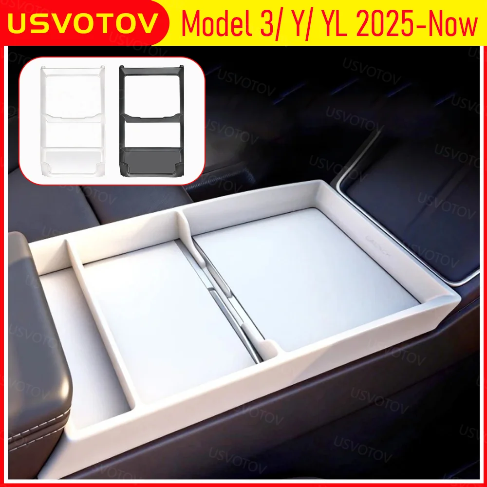 USVOTOV Para Tesla Model 3 Y YL Juniper 2025 2026 Caixa Organizadora de Armazenamento para Console Central com Suporte para Óculos e Encaixe Sob o Apoio de Braço