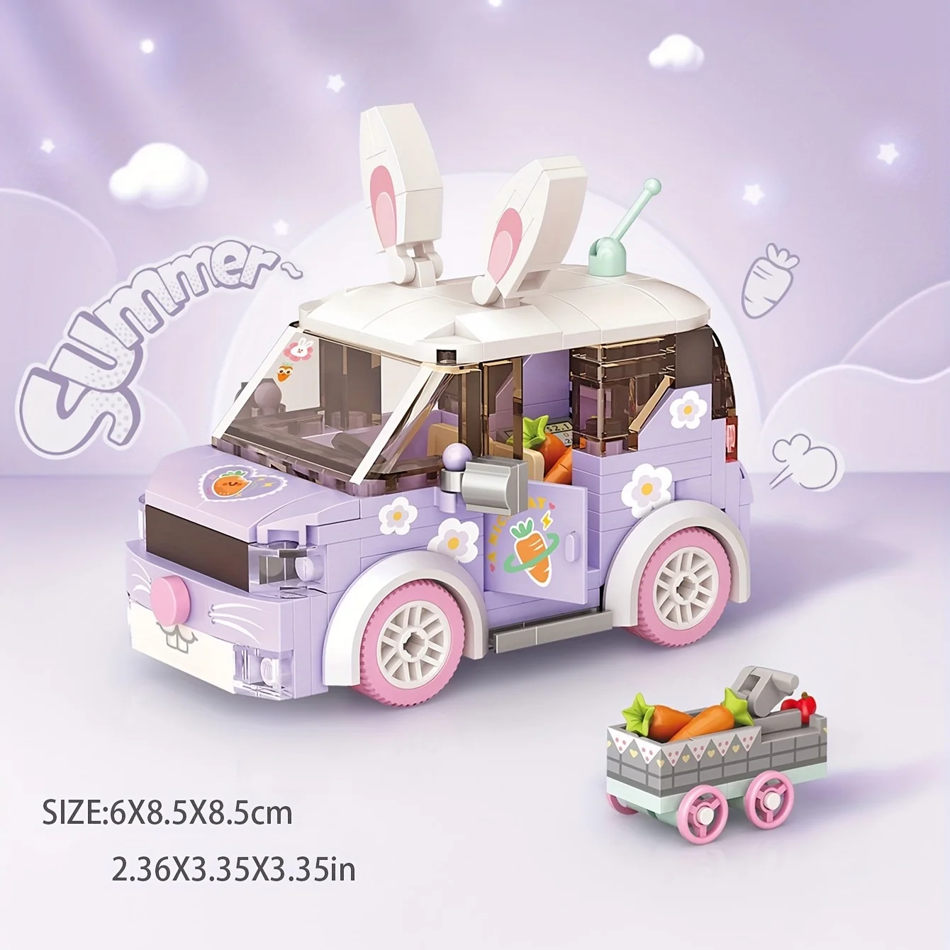 Kawaii Cartoon Purple Rabbit Car Mini Building Blocks, Desktop Decoration, Birthday Gift