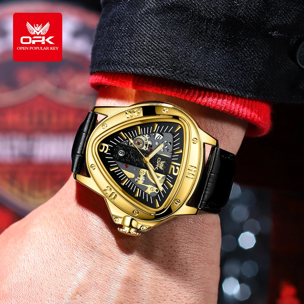 OPK Brand Men Watch Triangle Large Dial Leather Strap Fashion Wristwatch 8168