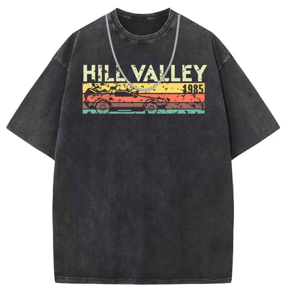 Hill Valley Tshirt Retro Washed Long Sleeve 2023 Discount Family Vintage Sweatshirts Summer Fall New Car Printed Tee Shirt Men