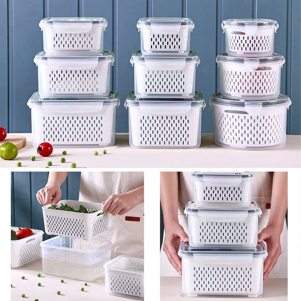 1pcRefrigerator Storage Box FreshVegetable Fruit Boxes Drain Basket Storage Containers Pantry Kitchen Organizer Fridge Organizer