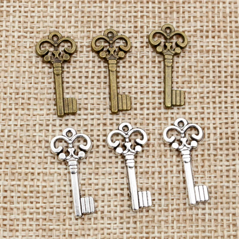 50pcs 21x10mm Vintage Small Key Charms Antique Bronze Silver Plated Handmade Charms Pendant DIY Findings for bracelet necklace