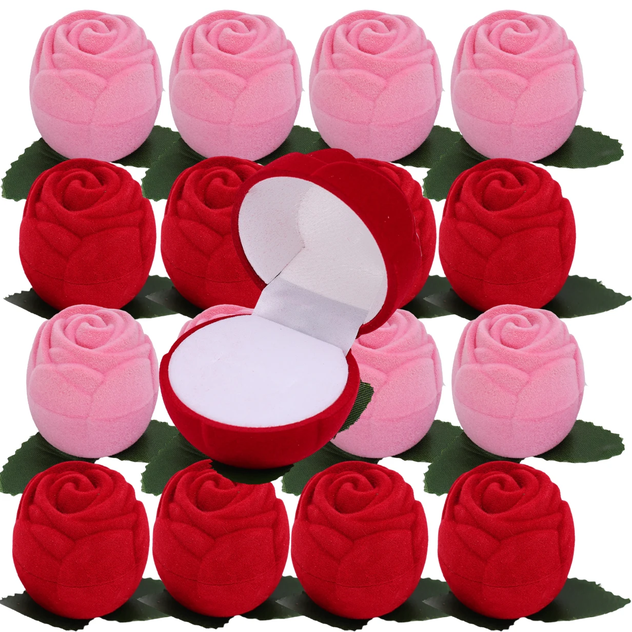 Flocking Rose Flower Ring Box Jewelry Package Wedding Ring Box Counter Display Valentine’s Day Gift Earring Necklace Organizer