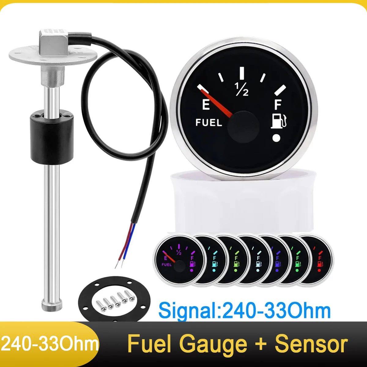 

240-33 Ohm Fuel Gauge+Fuel Level Sensor, 52MM Fuel Oil Tank Indicator With Flash Alarm 7 Color Backlight for Car Yacht Marine RV