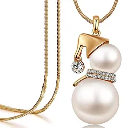 Christmas Snowman Pendant Necklace Imitation Pearl Crystal Long Sweater Chain Necklaces for Women Mom Christmas Gifts for Her
