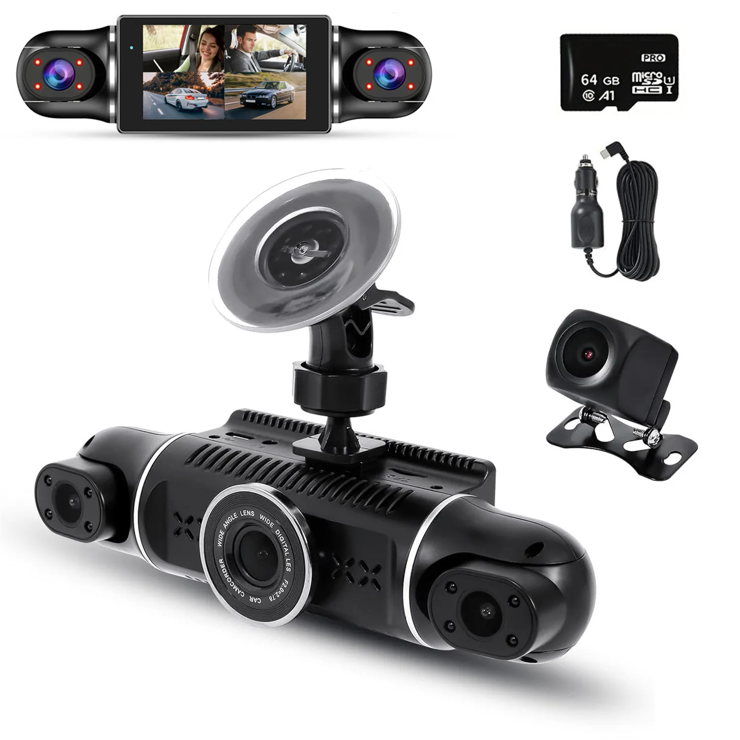 

4 Channel Dash Cam Front Rear Left Right 360° Rotatable 64GB Card GPS Wi-Fi Loop Recording WDR Night Vision Car Camera