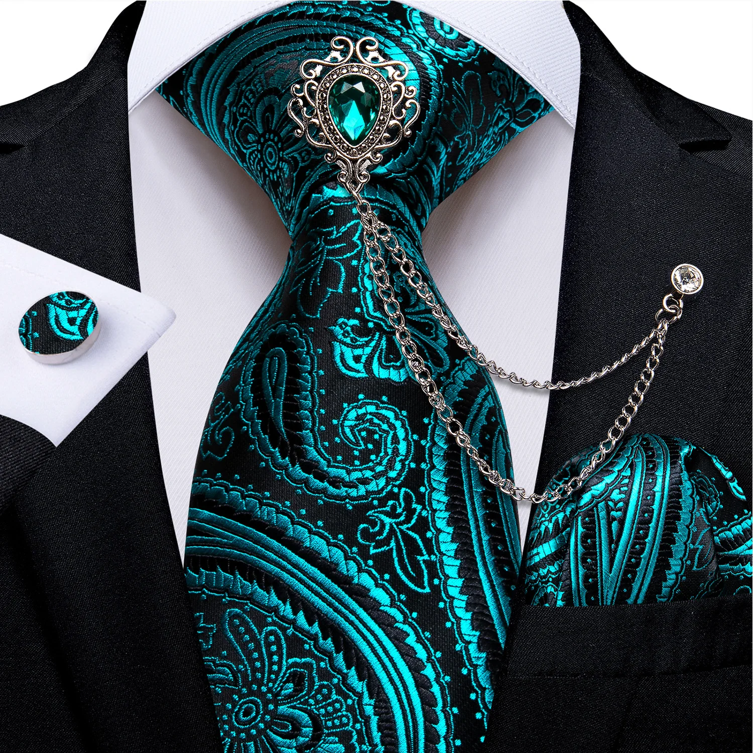 New Design Teal Blue Paisley Floral Silk Ties 8cm Men's Wedding Party Business Necktie Hanky Brooch Cufflinks Set Cravat DiBanGu