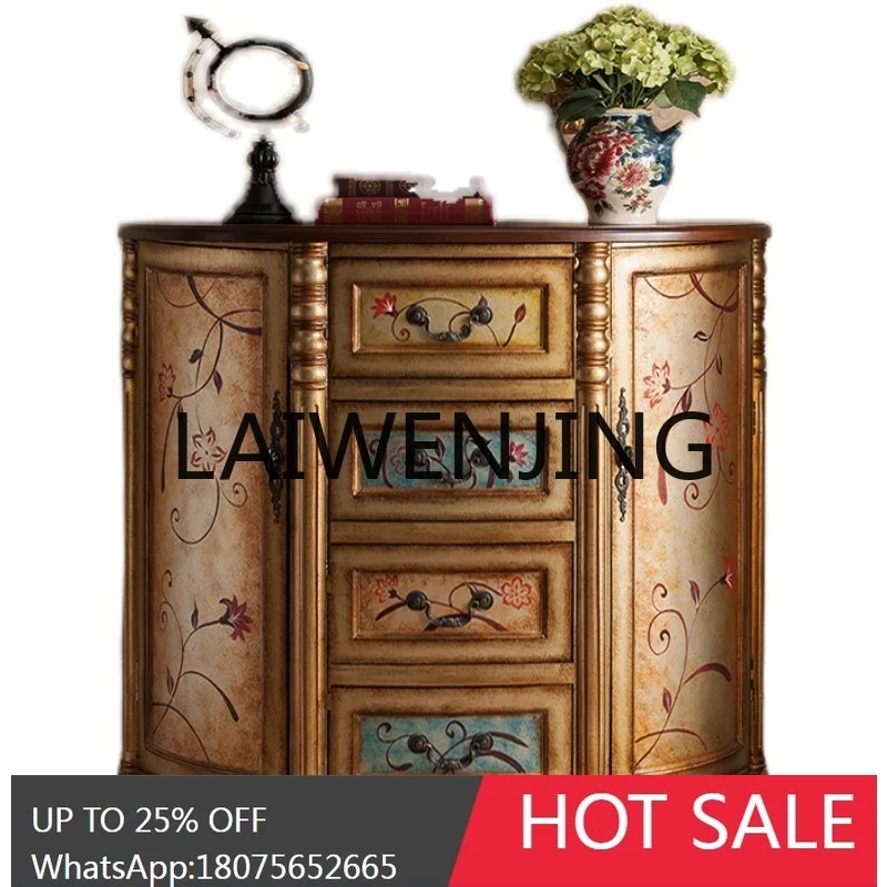 American Country Retro Solid Wood Painted Hallway Semicircle Console Multi-Function Locker