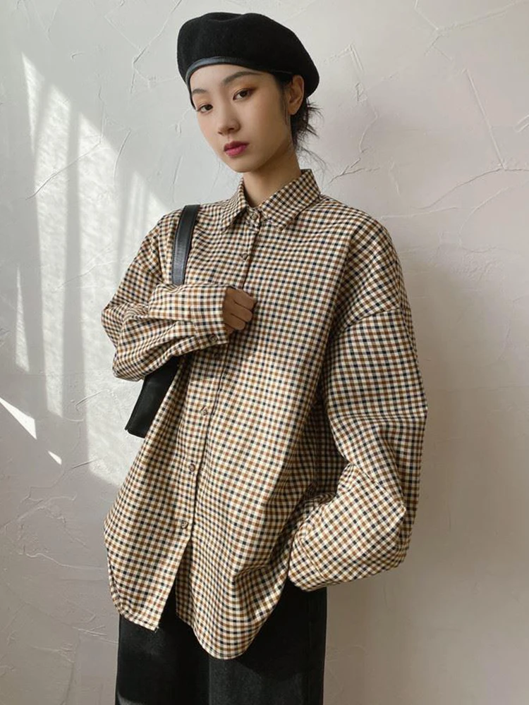 Jmprs Vintage Plaid Shirt Women Elegant Preppy Style Simple Blouse Korean Loose Long Sleeve Sweet Female Retro Harajuku Tops New