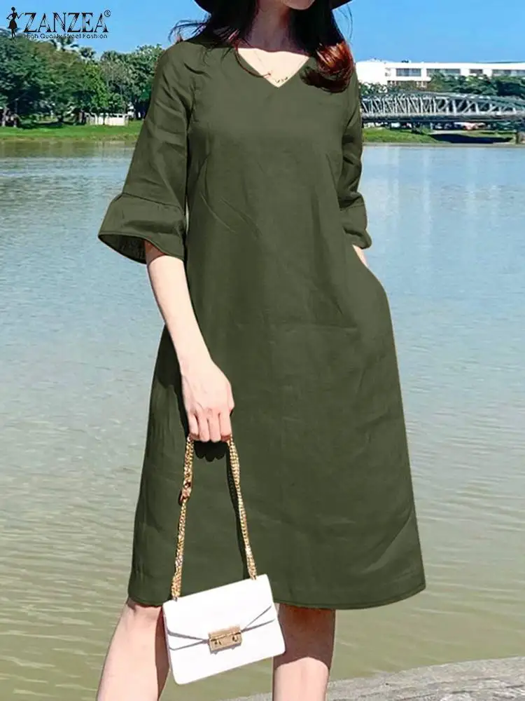 ZANZEA 2024 Elegant Half Sleeve Ruffles Hem Sundress Summer Fashion Women Dress Robe Femme Casual V Neck Solid Midi Work Vestido