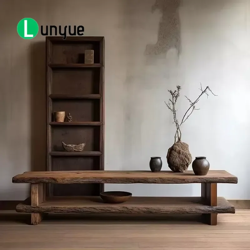 Live Edge Wall Mounted Floating TV Cabinet Antique Solid Wood Console Medieval Style Hanging Storage for Living Room