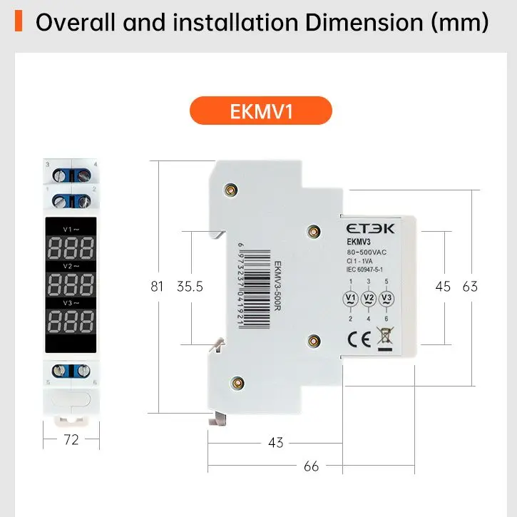 Voltmetro digitale modulare 18mm 3 fasi AC80-500v Mini misuratore di tensione rilevatore voltagimetro su guida Din modulo EKMV3-500R