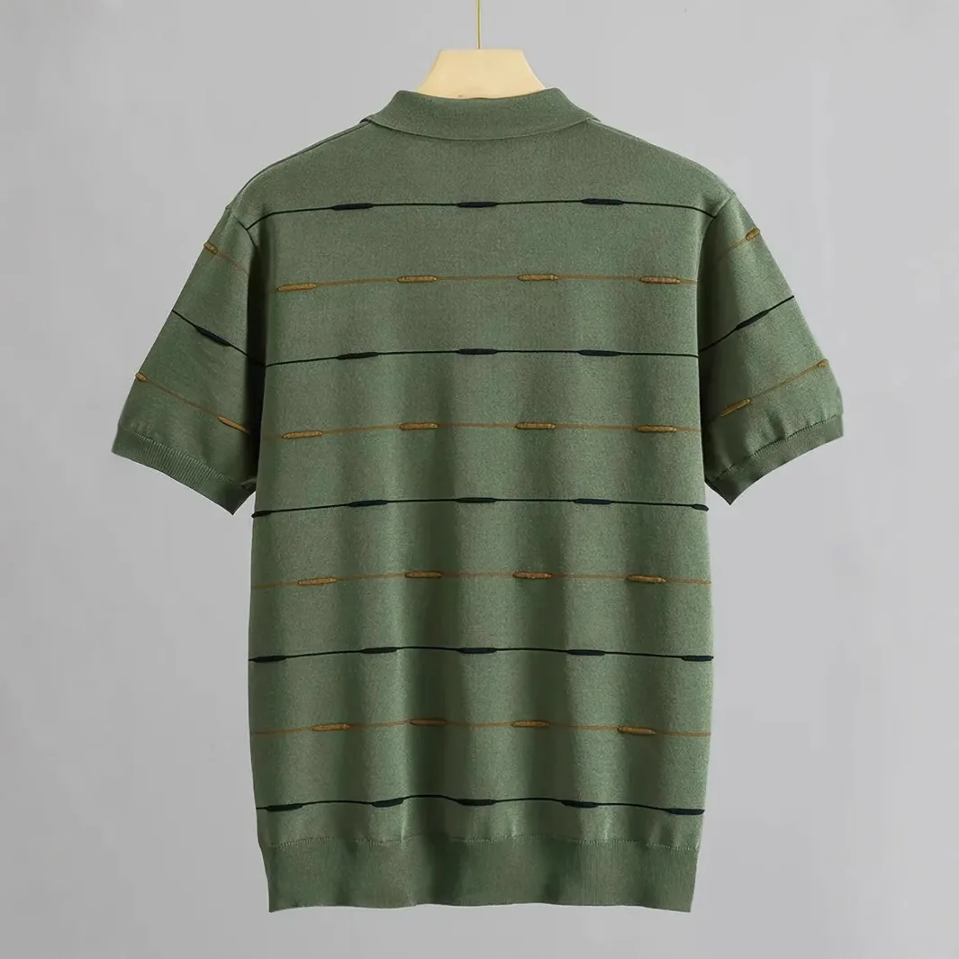 Summer New Micro-elastic Short-sleeved Knitted Polo Shirt Striped Literary Style Pullover Lapel Casual Retro Knitted Sweater Men