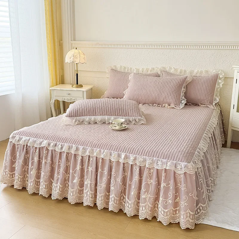 Coverlet Bed Skirt New Korean Style Washed with Cotton Lace Bed Cover Supple All Season Universal Solid Color Thickened Version