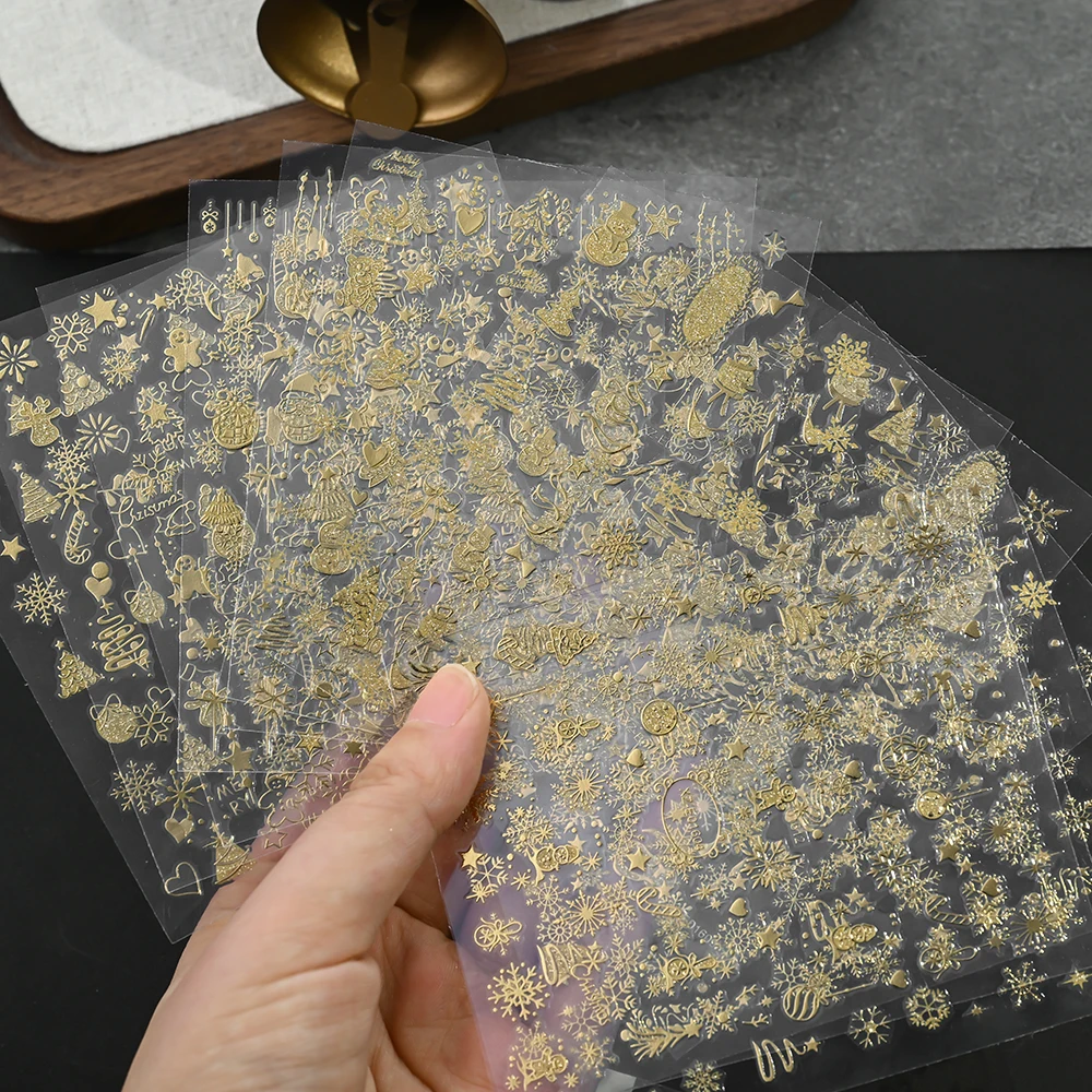 12개 골드 눈송이 눈사람 네일 스티커 3D 크리스마스 트리 램프 볼 슬라이더 별 하트 매니큐어 데칼 축제 네일 액세서리