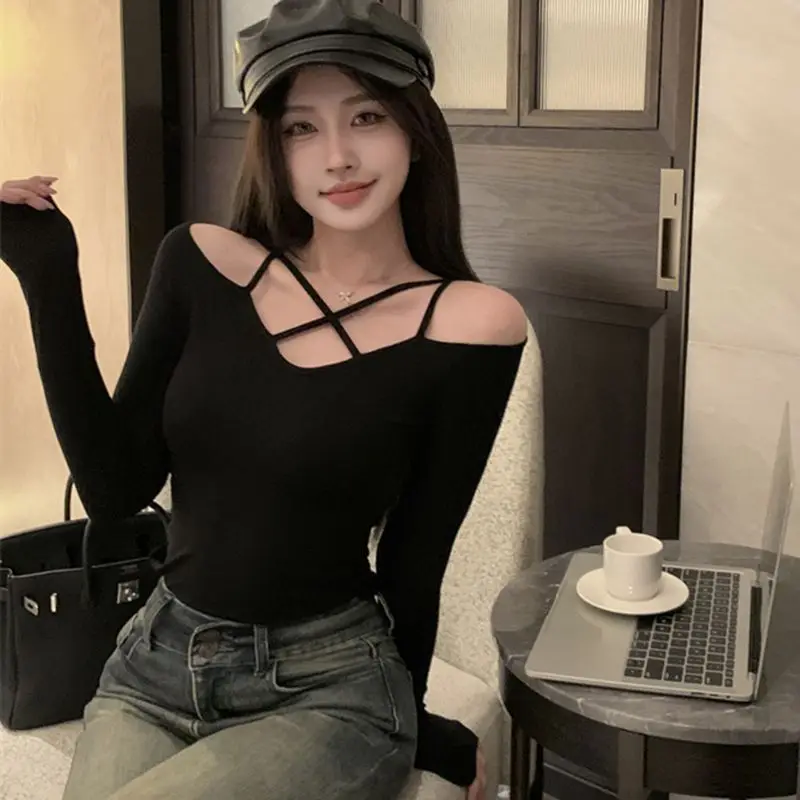 Sexy Long Sleeve T-Shirt Women's Cross Strap Shoulder Bared Sweet And Spicy Pure Desire Style Slimming Base Shirt Korean Styl...