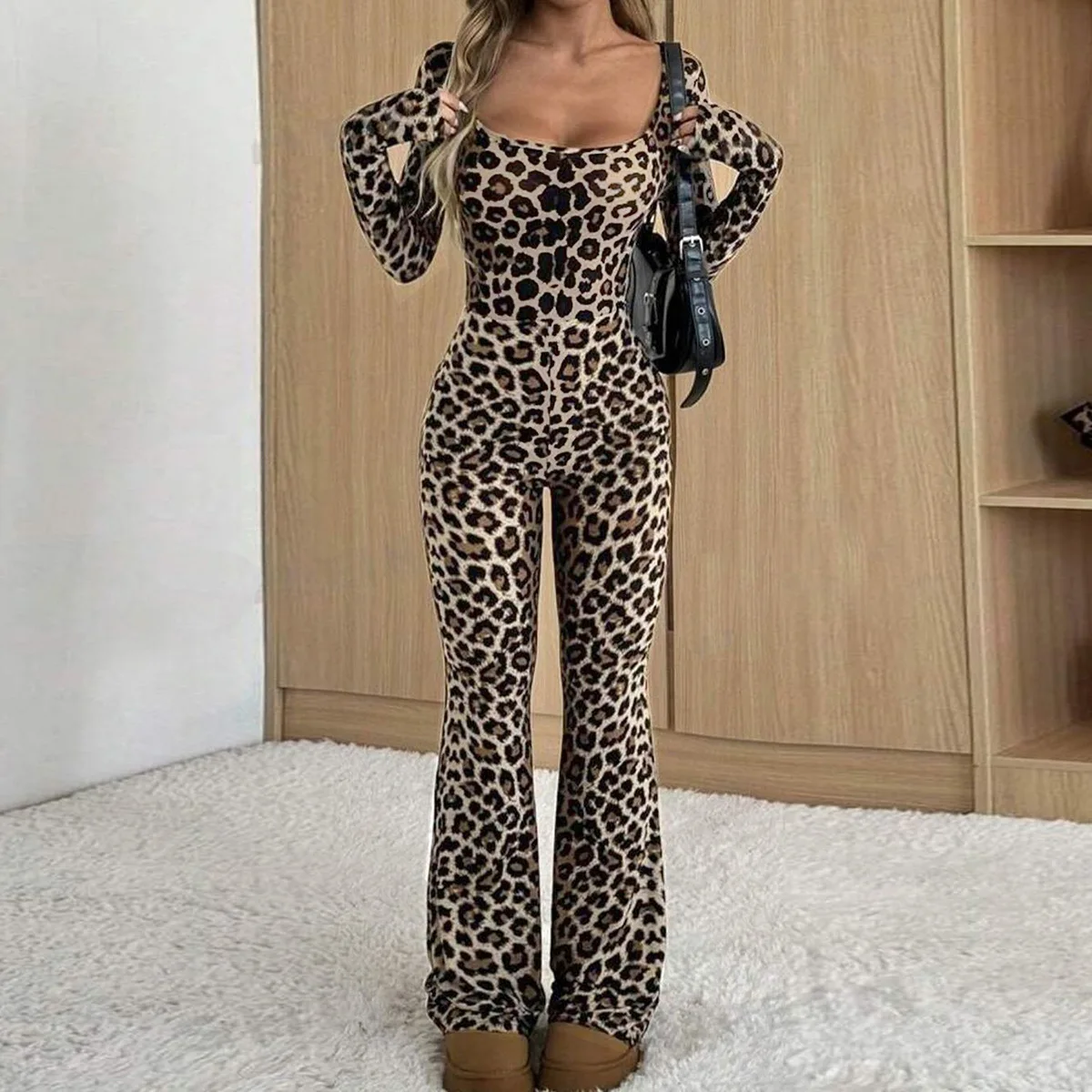 Women's Fashion Slim Fit Bodycon Square Neck Leopard Print Jumpsuit Stylish Elegant Commute Versatile Casual Long Pants Outfits