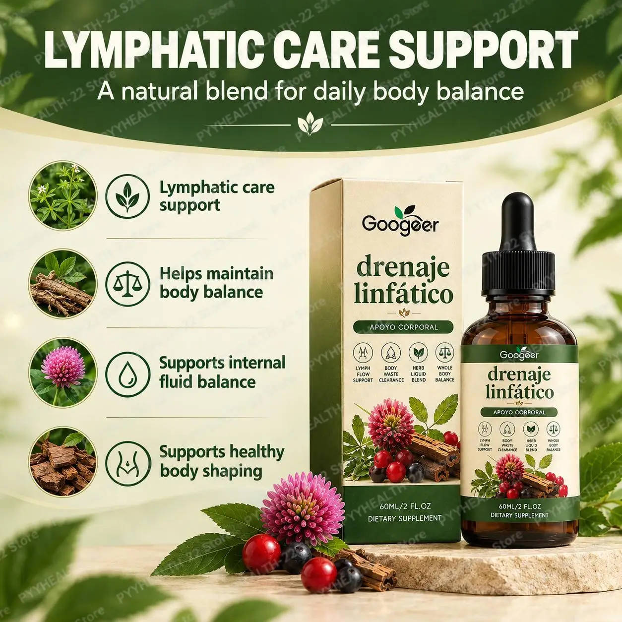 Lymphatic Care Liquid Drops, 4-in-1 Herbal Blend with Cleavers & Red Clover, Supports Lymph Flow & Healthy Body Balance, 60ML