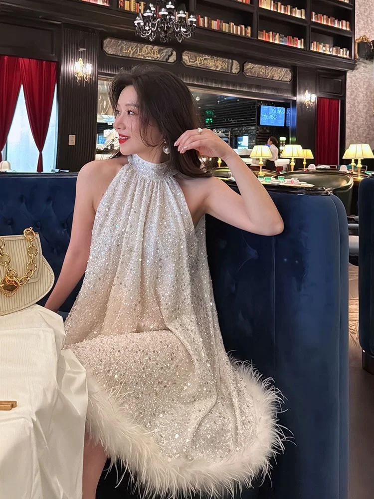 

Ele Evening Gown with Beaded Embroidery Heavy Work Ne Hanging Design Ostrich Feather Trim A-Line Skirt Midi Dr