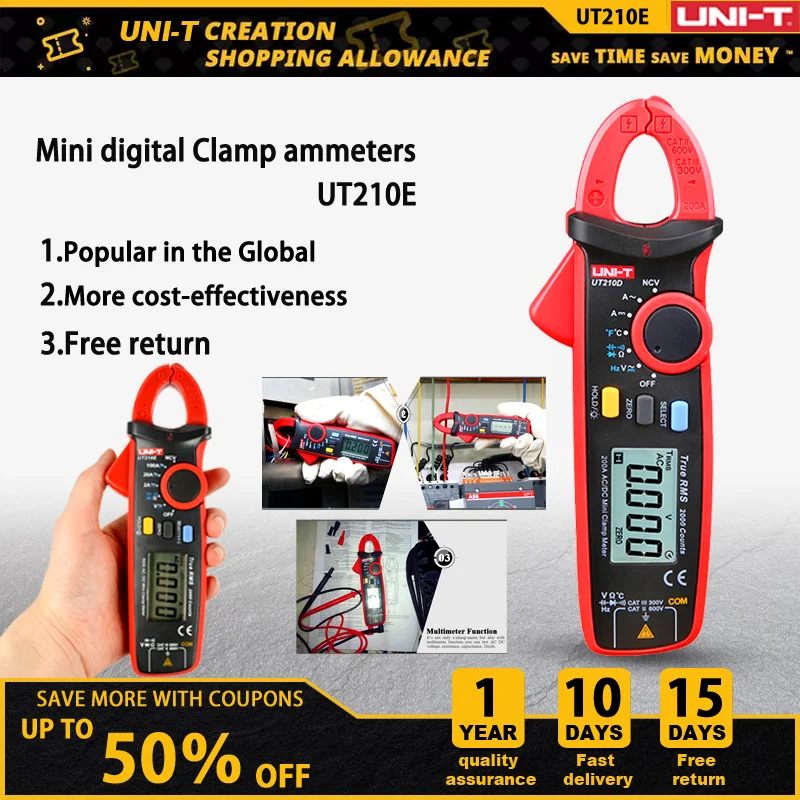 UNI-T UT210D UT210E Mini Digital Clamp Meter 200A AC DC Current Pliers Ammeter Voltage Voltmeter Professional Electrical Tester