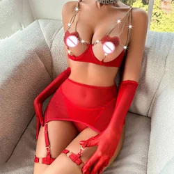 Sex Bra Set Open chest love chain perspective mesh five piece set for women romantic lingeries Women's underwear Woman clothes