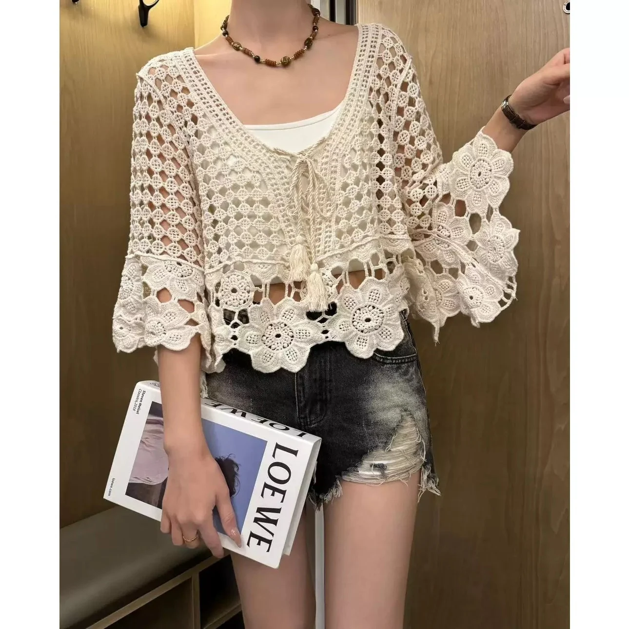 00% katoen gebreide uitgeholde trui en Sle geborduurd groot formaat losse Svel ronde Ne Long Sve top