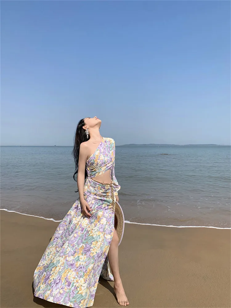 Robe longue bohème imprimée de fleurs pour femmes, robe de soirée évidée, jupe photo irrégulière, plage de vacances, été, nouveau