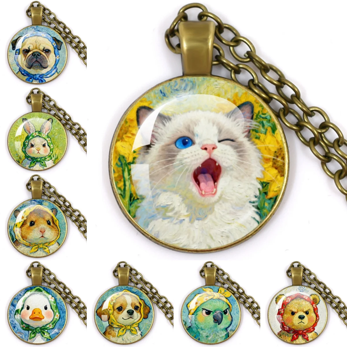 Van Gogh Starry Night Sunflower Glass Pendant Necklace Creative Animal Design Cat Dog Rabbit Duck Oil Painting Necklace