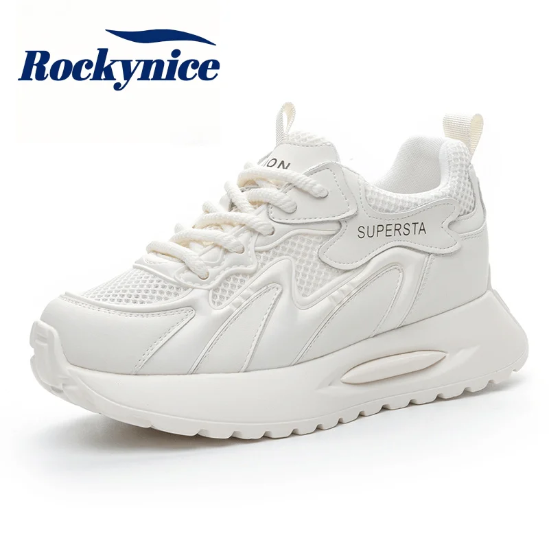 Women's Genuine Leather Chunky Sneakers New Autumn Lace up Breathable Mesh White Sports Shoes 6CM Thick Sole Casual Dad Shoes