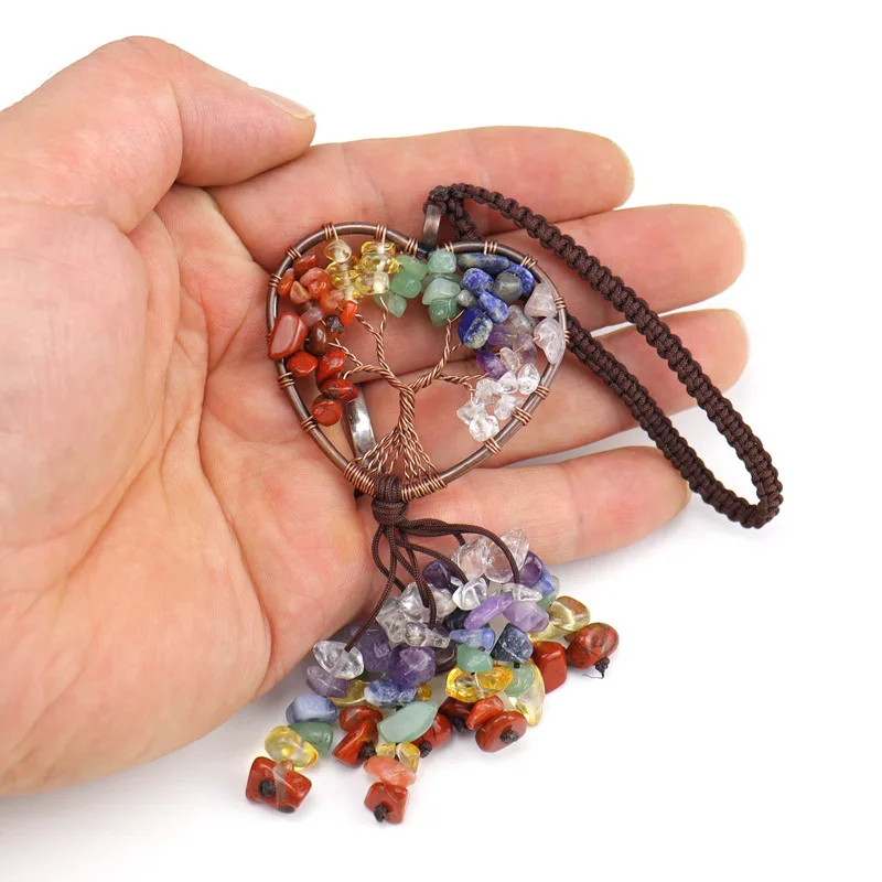 Handmade colorful crystal gravel life tree Fortune Tree tassel pendant car rearview mirror hanging backpack handbag decoration