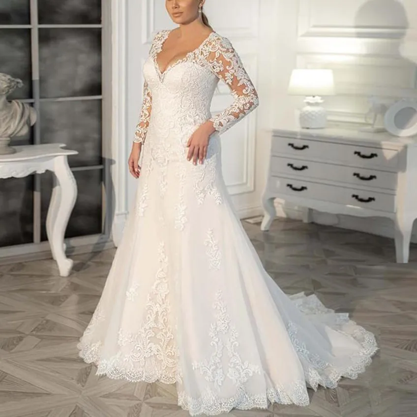 Miaoduo Plus Größe Meerjungfrau Hochzeit Kleid Sexy V-ausschnitt Mit Langen Ärmeln Brautkleider Appliqued Spitze Sweep Zug Tüll Vestido De Novia