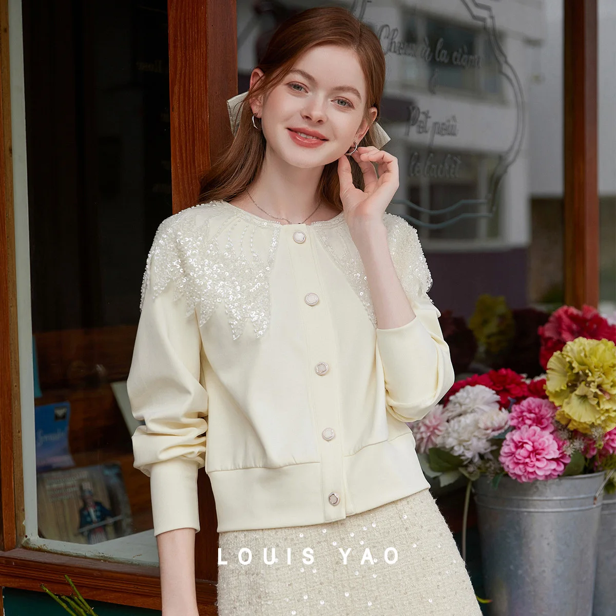 LOUIS YAO Women's Knitted Sweater 2026 Spring New Fashionable Luxury Gentle Cardigan Sweater Sweet Sequin Decor Knit Coat