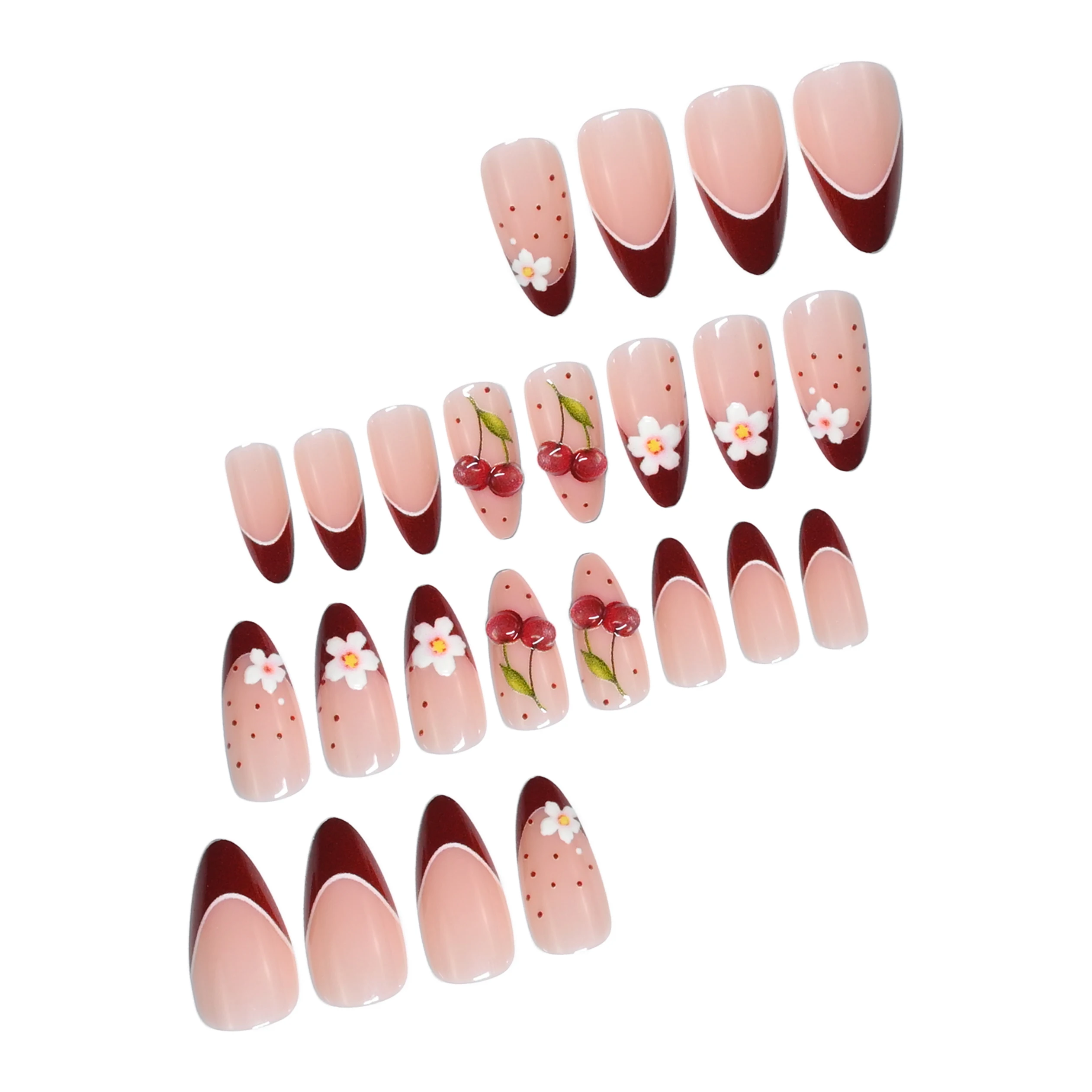 `24Pcs Medium Almond Press On Nails Nude Skin Tone Hand‑painted Cherry & Flower Polka Dots False Nails Reusable Manicure For Wom