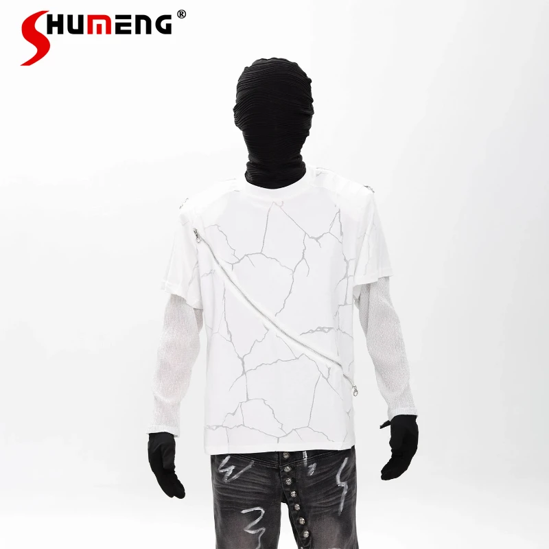 

2025 Autumn Men's Fashion Faux Two-piece Set Chic Pullover Tees Round Neck Long-sleeve T-shirts Men's High-end High Street Tops