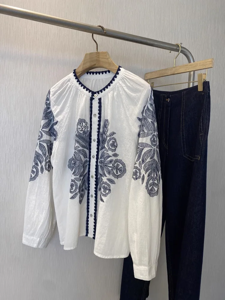 

Женская рубашка с рукавами-фонариками в этническом стиле с вышивкой в стиле ретро, весенне-осенняя рубашка 202, повседневные пляжные топы для отпуска, богемная блузка