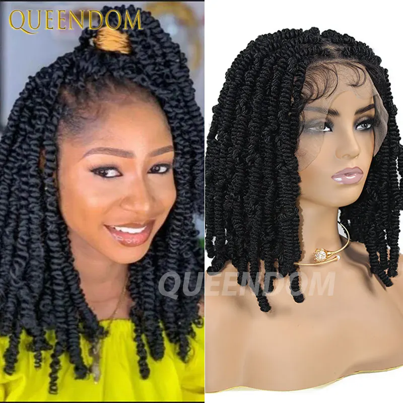 

12" Bob Braided Wigs For Black Women Spring Afro Twist Wig Faux Locs Spiral Curls Full Lace Braided Wigs Synthetic Braiding Wig