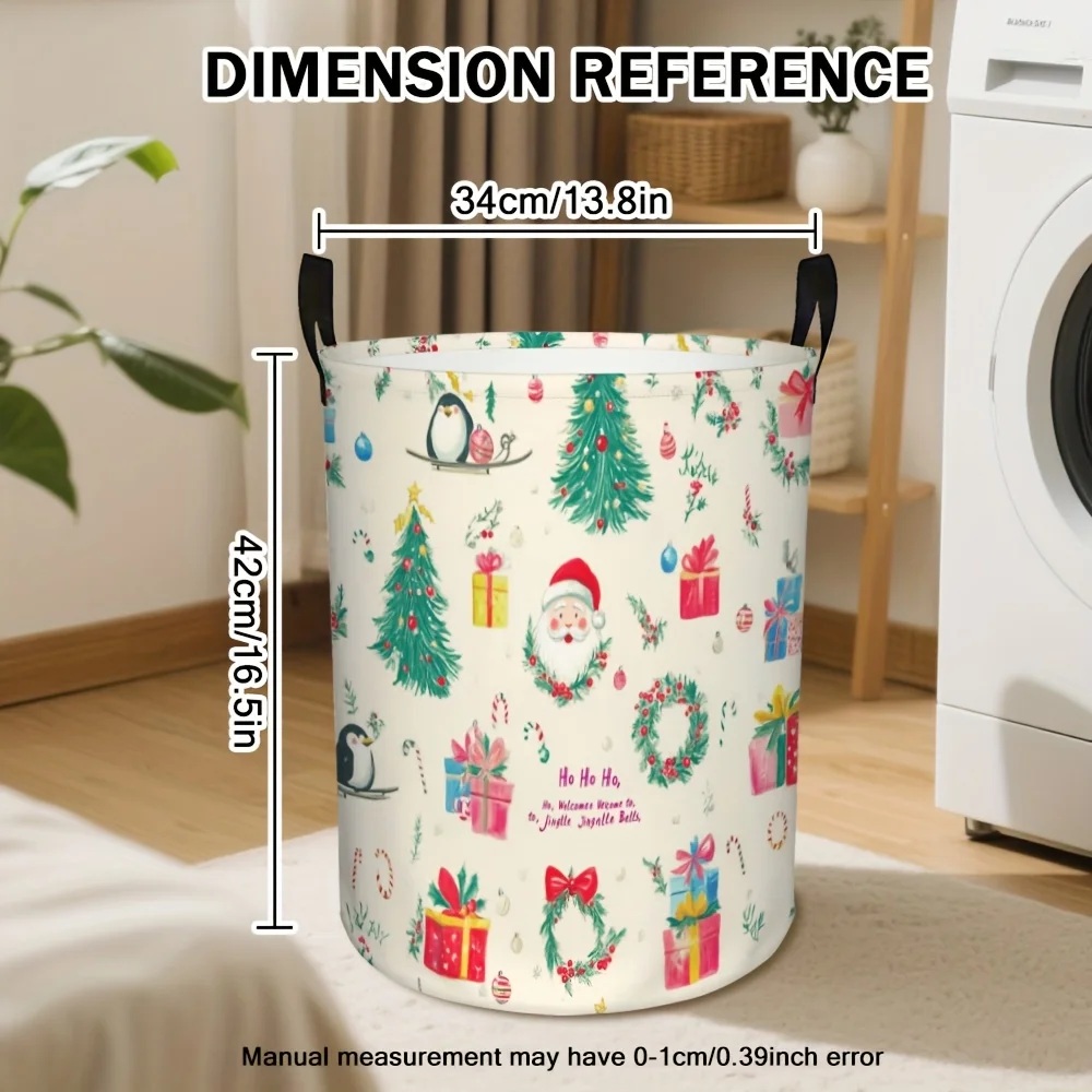 1pc Large Capacity Foldable Christmas Storage Basket with Santa, Penguins Holiday Decorations Green/Pink/Golden Laundry Hamper