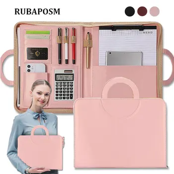 A4 portfolio folder Padfolio women business briefcase folding handle leather zipper notebook account file documents organizer